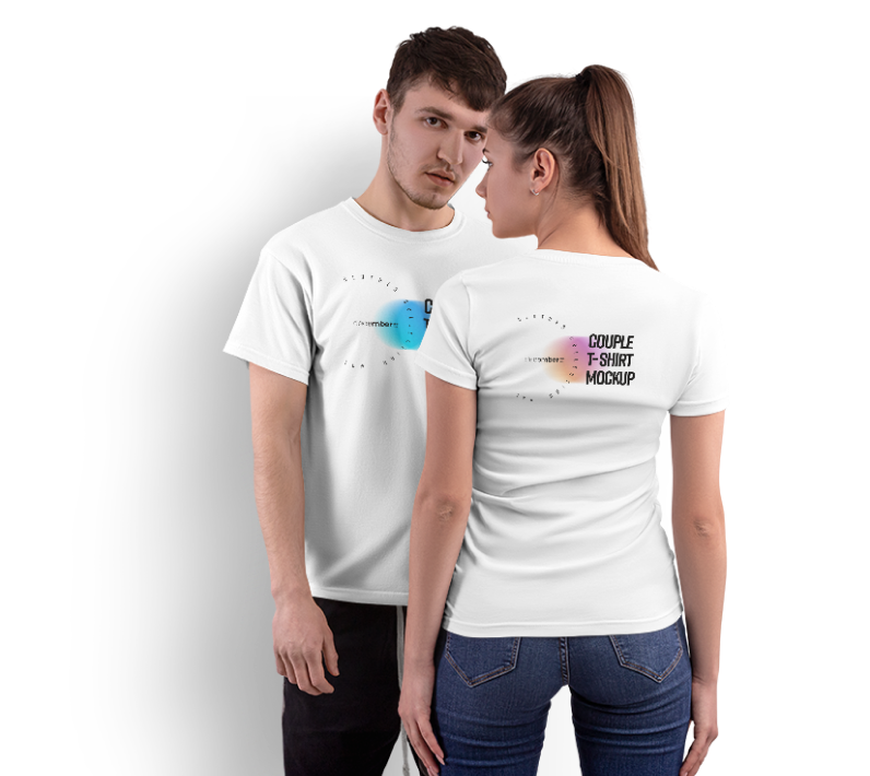 Couple wearing custom printed t-shirts, front view